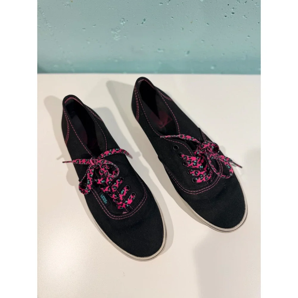Vans Authentic Lo Pro Black Pink Contrast Stitch Leopard Lace Sneakers Womens 8